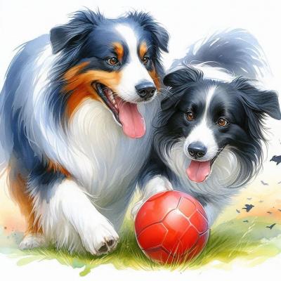 Berger Australien et un Border Collie jouent au  ballon rouge