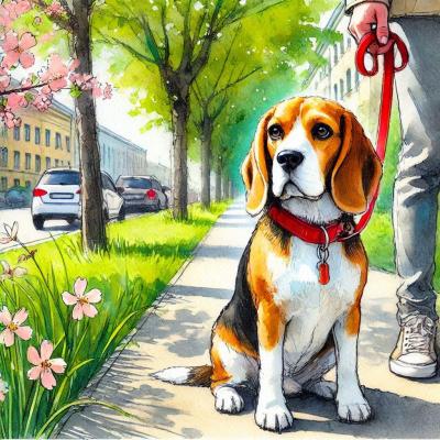 Beagle tenu en laisse