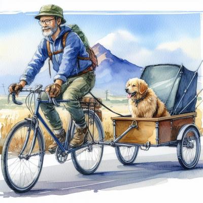 Bicyclette tirant une remorque avec un chien
