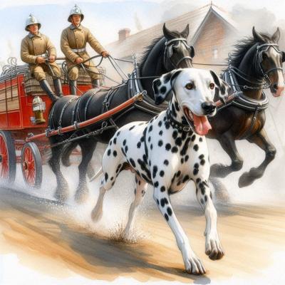 Dalmatien courant devant chevaux pompiers