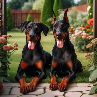 Chiens Dobermann  dans un jardin