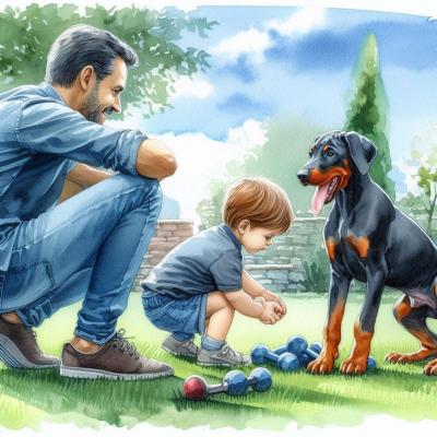 Un père surveille son petit garçon et son chien Dobermann