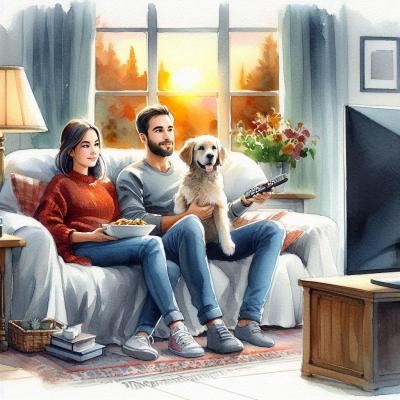 Jeune couple avec golden regarde la tv