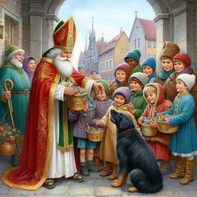 Saint nicolas avec enfants accompagnés d'un chien noir