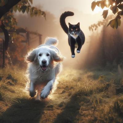 Setter anglais et chat dans la course