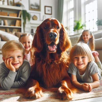 Setter irlandais entouré d'enfants