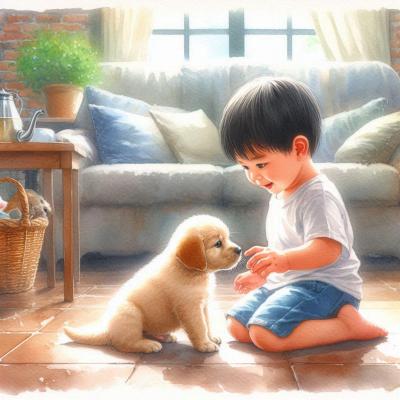 Un chiot et un enfant